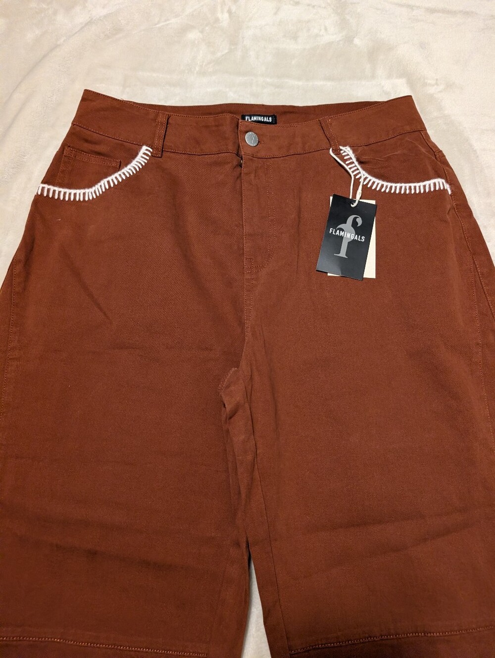 Flamingals Contrast Stitch Mid Rise Barrel Leg Pants NWT Large - Picture 6 of 10